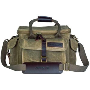 Olive canvas messenger-style bag with leather accents, top handles, a front buckle strap, and a detachable shoulder strap.