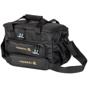 Black Federal gear bag with multiple zip compartments and a detachable shoulder strap, designed for organizing equipment.