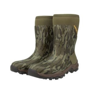 Olive camouflage rubber rain boots with rugged tread and pull-on height up to mid-calf. Practical outdoor footwear.