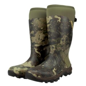 Knee-high camouflage hunting boots with rugged treads and olive-green tops, designed for rugged outdoor use