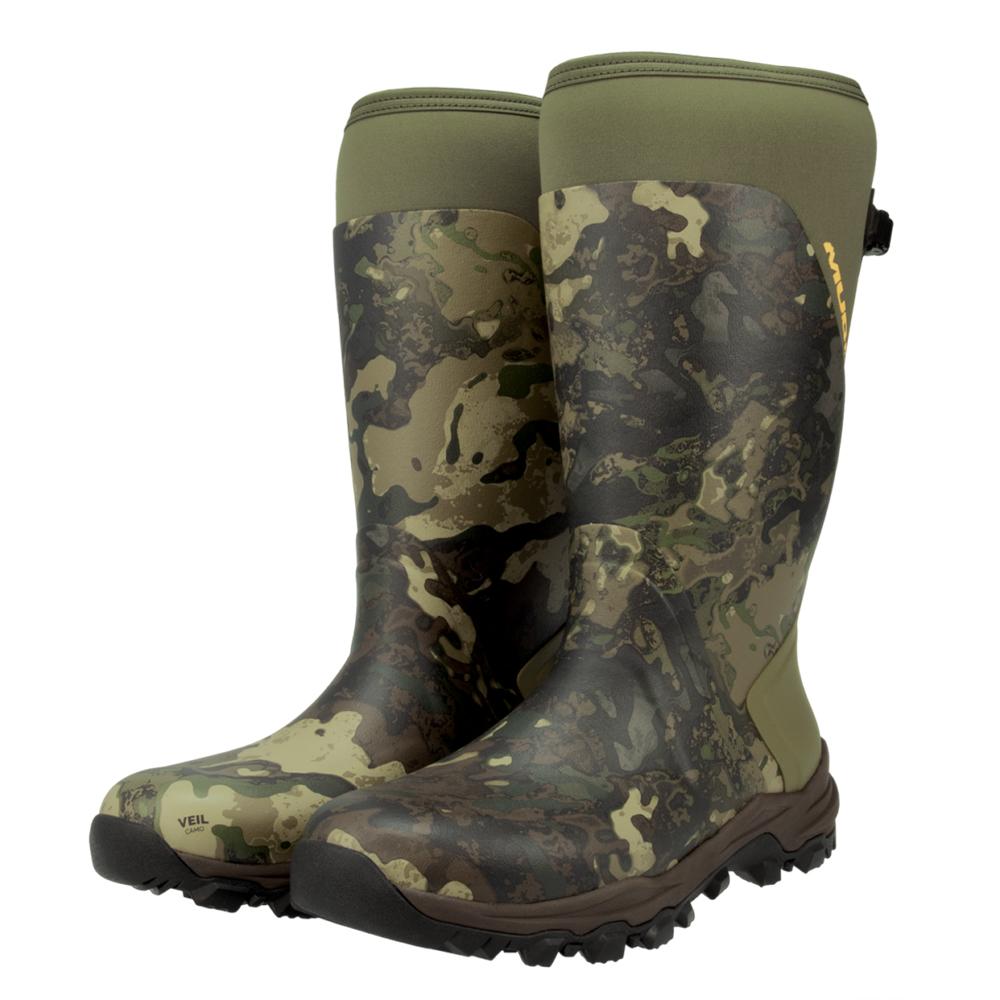 Knee-high camouflage hunting boots with rugged treads and olive-green tops, designed for rugged outdoor use