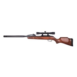 Bolt-action hunting rifle with wooden stock and mounted scope against a white background that highlights its profile