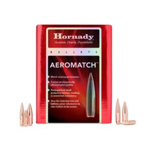 Box of Hornady Aeromatch ammunition with copper bullets displayed to the left and right of the red packaging.