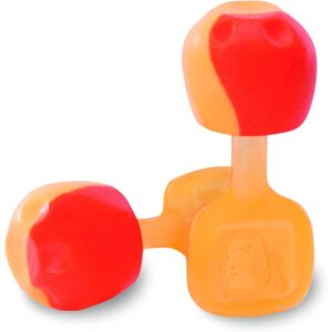 Bright orange plastic toy dumbbell with two soft pink weights connected by a short handle, intended for kids.