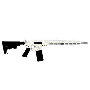 Side view of an AR-style rifle with a white body and multicolor paint-splatter pattern, black stock and grip.