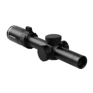 Black Riton rifle scope with adjustable turrets and large objective lens on a white background