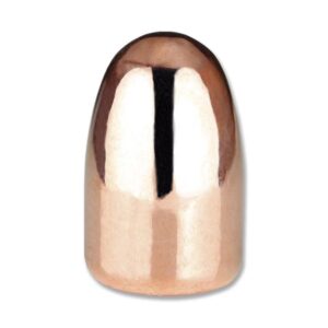 Copper bullet cartridge with a black vertical groove at the tip, shown on a white background.