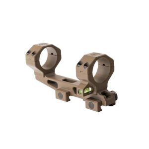Tan two-piece scope mount with dual rings and integrated rail for attaching a rifle scope, includes a bubble level for alignment.