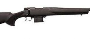 Bolt-action rifle with a wooden stock and long barrel shown from the side, facing left.