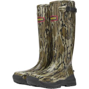 Knee-high camouflage rubber rain boots with rugged black soles and a side buckle, Lacrosse brand.