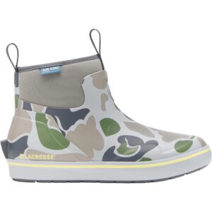 Camouflage ankle boot with pull tabs, gray elastic collar, and yellow-trimmed sole; Lacrosse logo on the side.