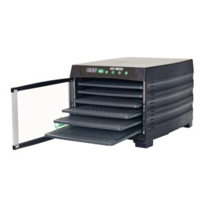 Mighty Bite food dehydrator with multiple sliding trays and the front door open for loading.