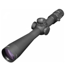 Precision rifle scope with adjustable turrets and a purple-tinted objective lens