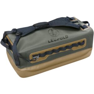 Leupold gear bag in olive and tan with multiple straps and elastic tool slots and compartments.