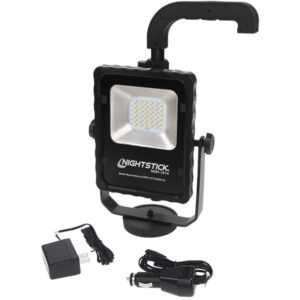 Portable LED work light by Nightstick with adjustable bracket and handle; includes wall charger and car power adapter for recharge and use on the go