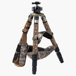 Camouflage tripod with three extendable legs and a ball-head mount for outdoor photography/rigs.
