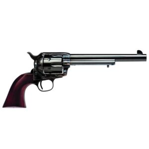 Side view of a classic revolver pistol with a long barrel and dark metal frame, paired with a brown wooden grip on a white background.