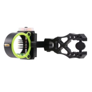 Compound bow sight with a green circular housing and multiple aiming pins for precision targeting in archery.