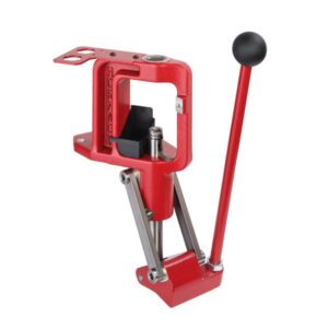 Red manual arbor press with a long red lever and black spherical handle, used for pressing small parts on a bench tool.