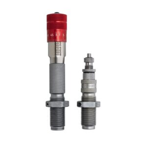 Two metal precision tools with knurled grips and threaded ends, including a red adjustable dial gauge on the left and a separate right-hand adapter.
