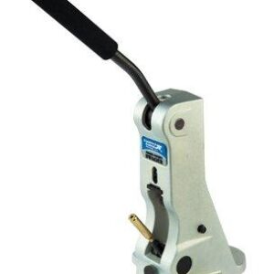 Manual lever rivet press with black handle and metal base, used to set rivets