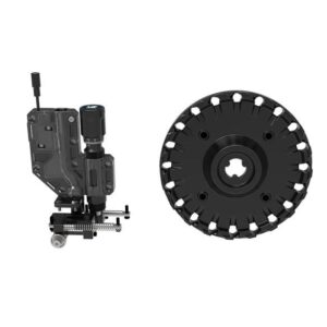 Motorized camera focus puller with a large circular drive gear beside it, used for precision lens control in filmmaking.