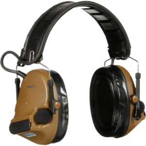 Industrial earmuff-style hearing protection headset with brown cups and a black headband, designed for noise reduction in loud environments.