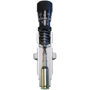 Close-up of a micrometer-style precision gauge with a knurled thimble and a brass object clamped inside the spindle area.