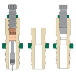 Cross-sectional illustration of a screw-type medical device in three views: left shows assembled device with needle, middle shows internal components, right shows external profile.