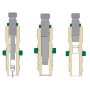 Three cross‑sectional diagrams of a threaded, cylindrical component inside a beige housing with green side features, shown in left, center, and right positions to illustrate different stages of operation.