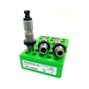 Green plastic reloading die set base with multiple metallic dies and shell holders; labeled 400 LEGEND #5 C.