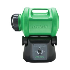 Green RCBS rotary case cleaner with black base and control dial visible on front, used for polishing gun cases