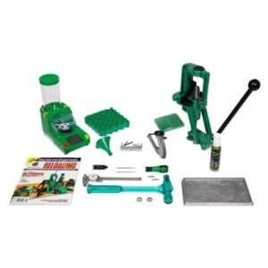Green reloading kit with press, scale, loading blocks, powder measure, assorted accessories and instruction manual.