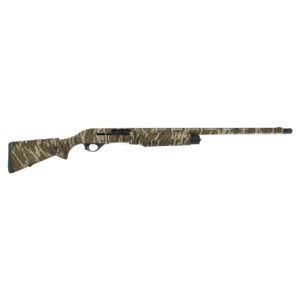 Camouflage-pattern hunting rifle laid horizontally across the image. Camouflage finish covers the stock and receiver with a long barrel extending to the right.