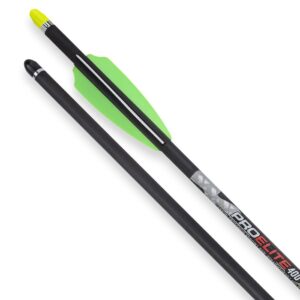 Two black arrows with neon-green fletching arranged diagonally, showing branding on the shaft (archery equipment).