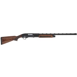 Side view of a pump-action shotgun with a wooden stock and fore-end, long ribbed barrel.