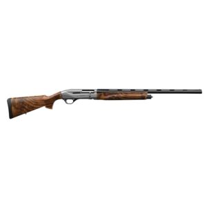 Hunting shotgun with a polished walnut stock and a long ventilated barrel in side profile