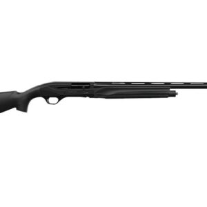 Side view of a black pump-action shotgun with a long barrel and synthetic stock, shown from the left in a neutral pose.
