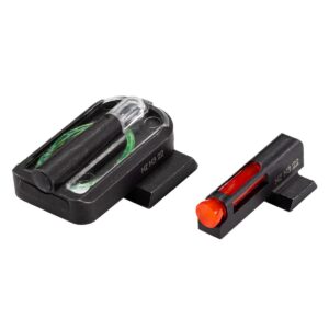 Black fiber-optic handgun sight set: rear sight with dual green inserts and front sight with red insert on a black mounting base.