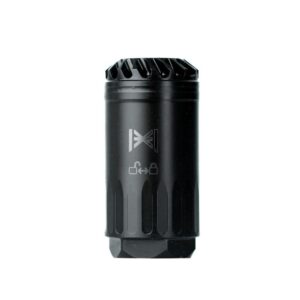 Black cylindrical firearm suppressor with knurled muzzle end and warning icons on the side, shown in close-up.