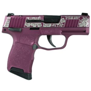 Purple decorative handgun with floral engravings and textured grip