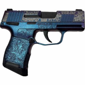 Ornate blue semi-automatic handgun with silver floral engravings on the slide and grip patterns