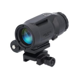 Compact black rifle scope with a blue-tinted front lens mounted on a small rail base, labeled 'JULIETS MICRO'