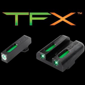 TFX logo above two black optical sensors with green LEDs on a black background.