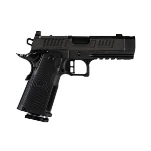 Black semi-automatic pistol shown in profile with textured grip and integrated accessory rail