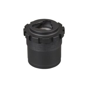 Black plastic cylindrical adapter with external threads and a knurled top cap, used to connect components
