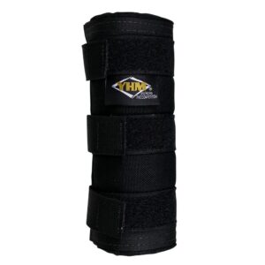 Black knee brace with three Velcro straps and a YHM logo on the front, designed for knee protection during activities