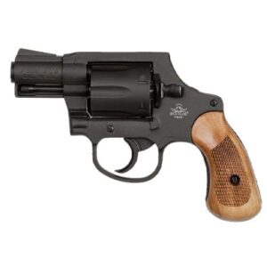 Profile view of a black revolver with a wooden grip and visible cylinder.