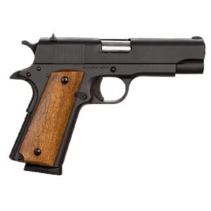 Side view of a black semi-automatic pistol with wooden grip panels.