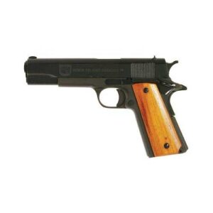 Side view of a black semi-automatic pistol with brown wooden grip